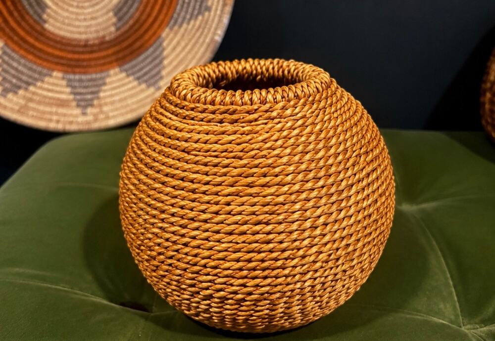 Vintage Round Woven Fiber Basket Vase Boho Sculptural Decor